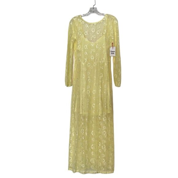 Open Edit Light Yellow long sleeve sheer lace maxi dress sz XS NWT - Picture 3 of 12